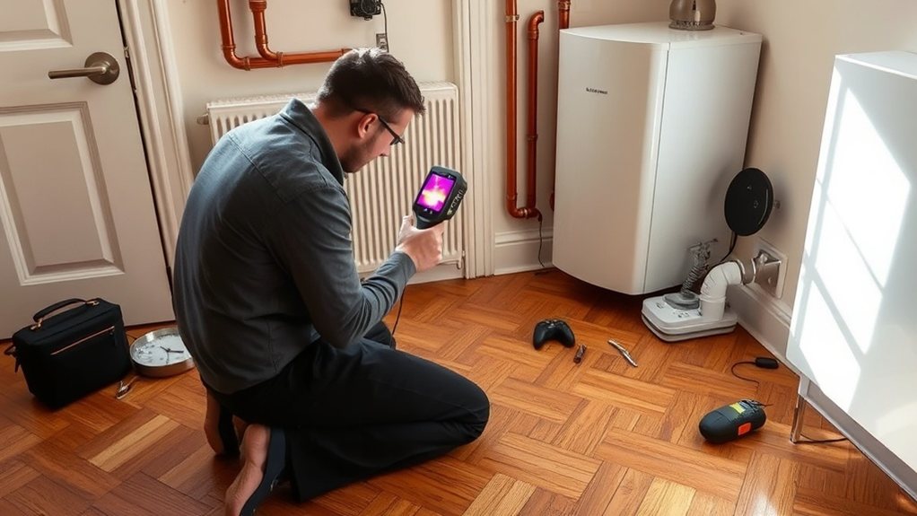 Engineer locating central heating leak using thermal imaging in Chiswick